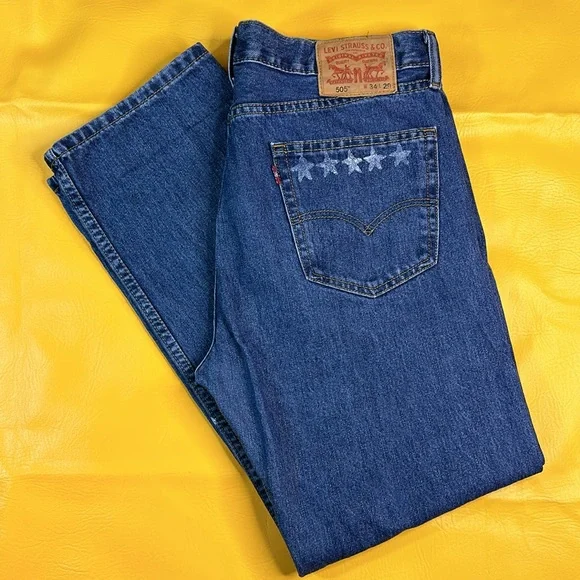 Levi's 505 Star Spangled Ripped Straight Leg Relaxed Jeans - Picture 3 of 10